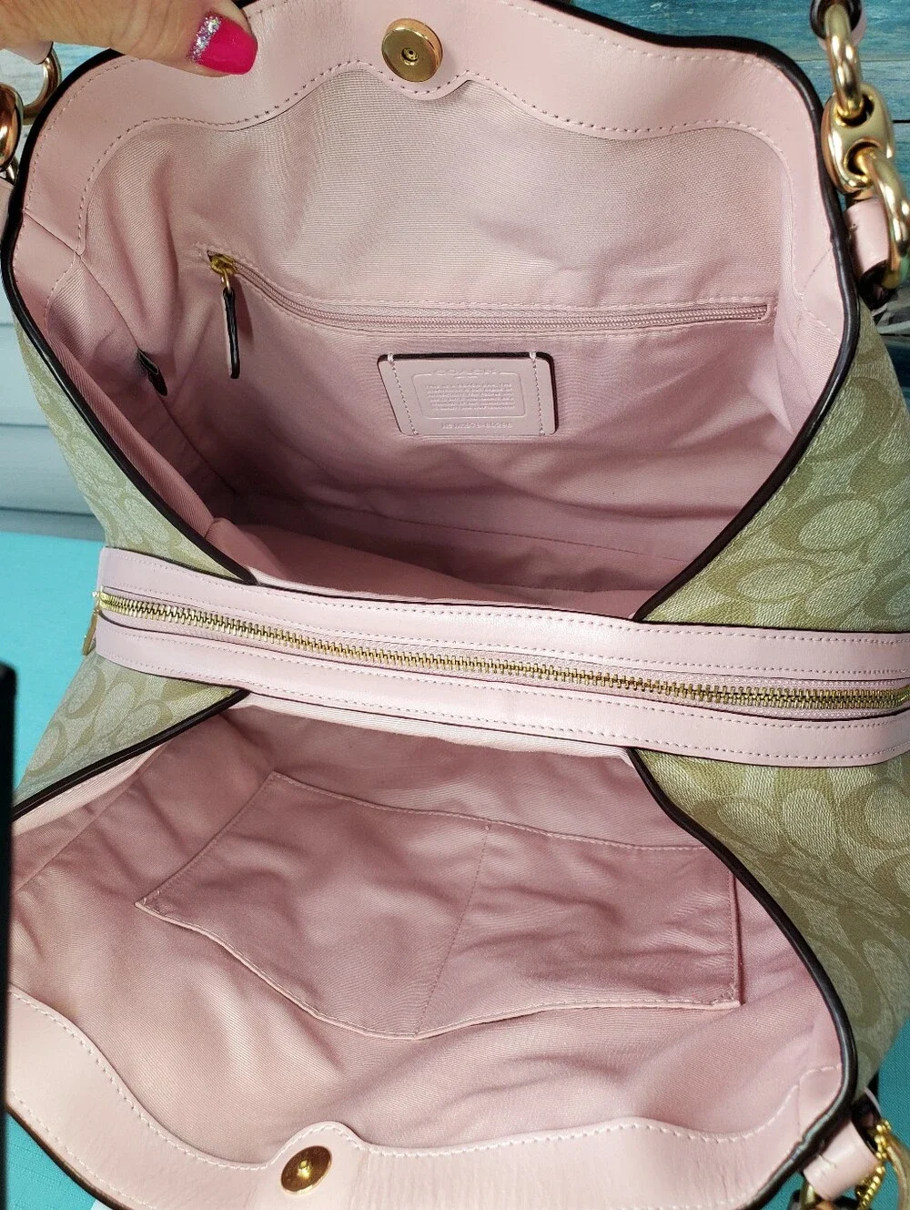 Coach Hallie Shoulder Bag In Signature Canvas Khaki / Pink Blossom F80298